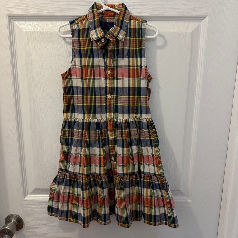 Polo Ralph Lauren Kids Girls Size 6 Madras Plaid Button Front Tiered Shirt Dress